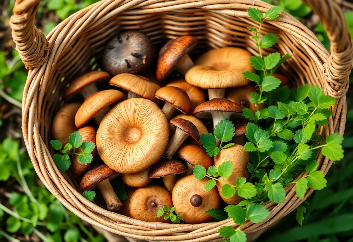A basket full of freshly foraged mushrooms and green plants.
