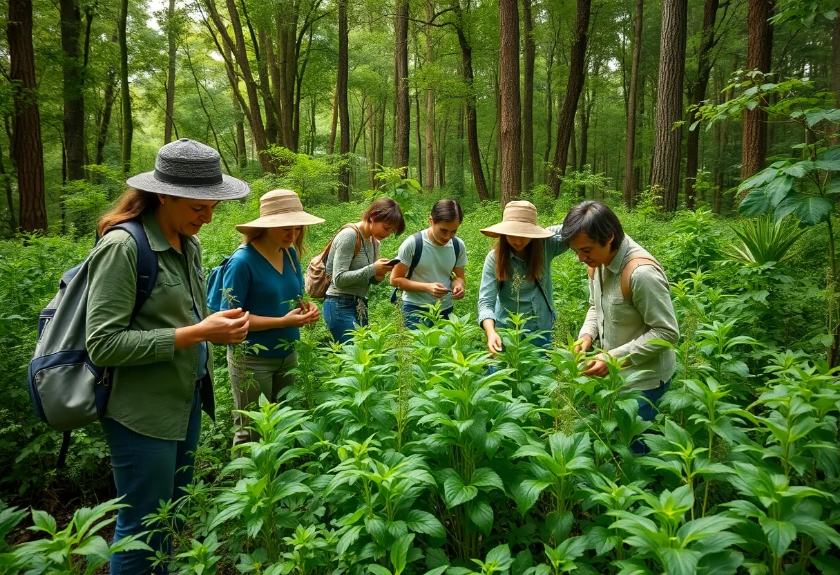 A group of people foraging for wild herbs in a lush green forest.