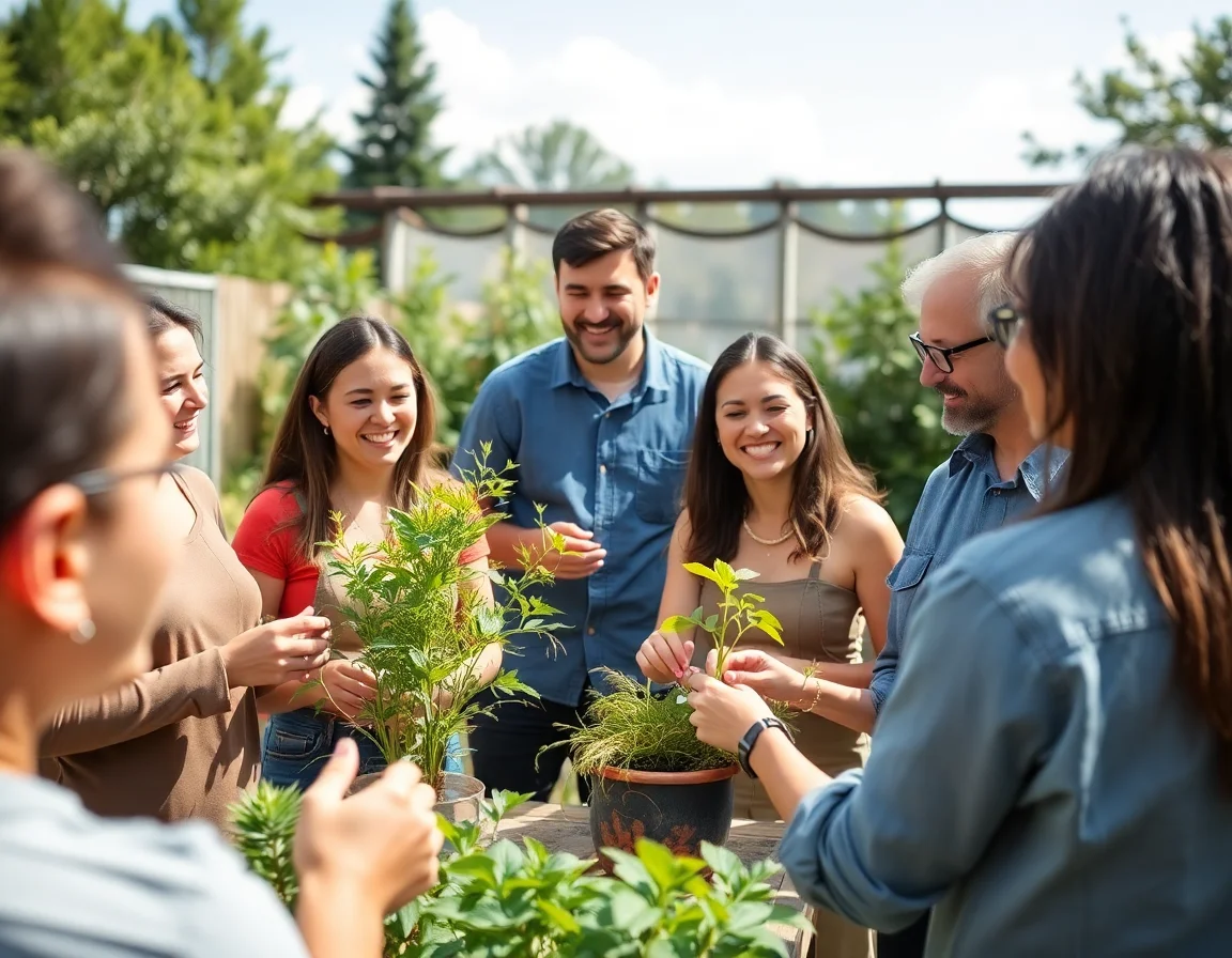 A group of people happily learning about plants in an outdoor workshop setting.