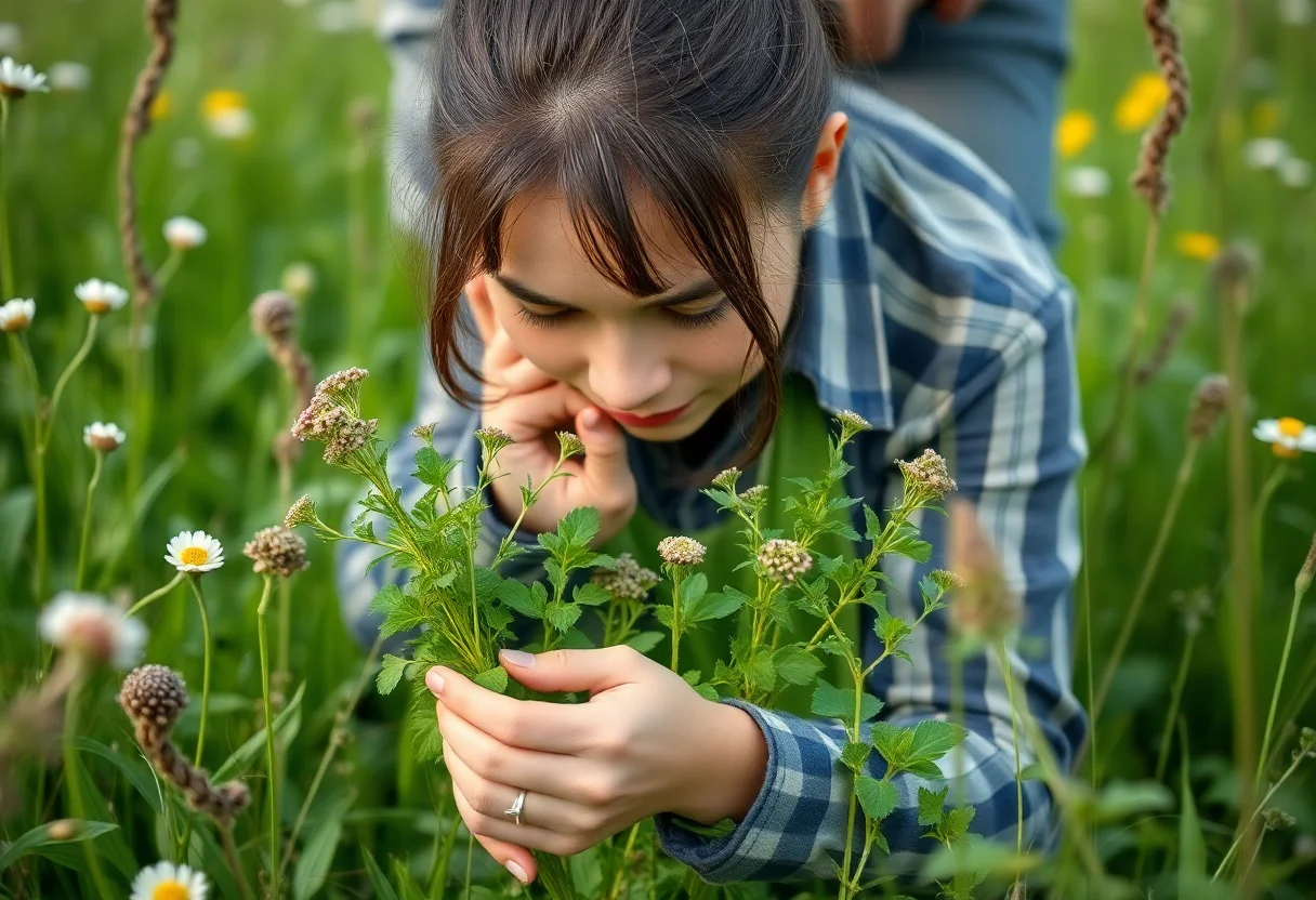 A person foraging for wild green herbs in a lush meadow during spring.
