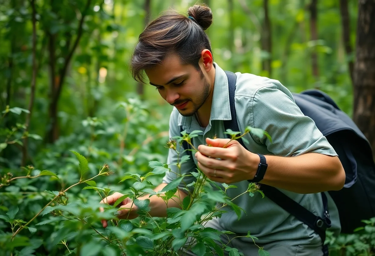 A person foraging for wild green plants in a lush forest setting.