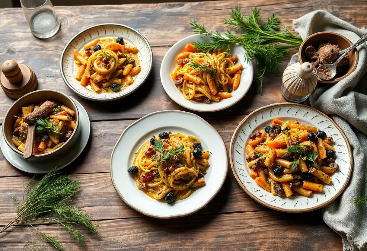 A rustic table setting with dishes made from foraged ingredients.