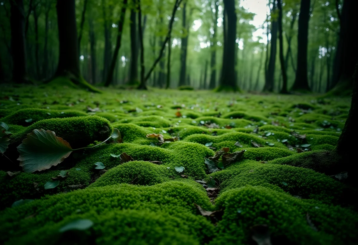 A serene forest floor covered in green moss and leaves, symbolizing data protection and nature.