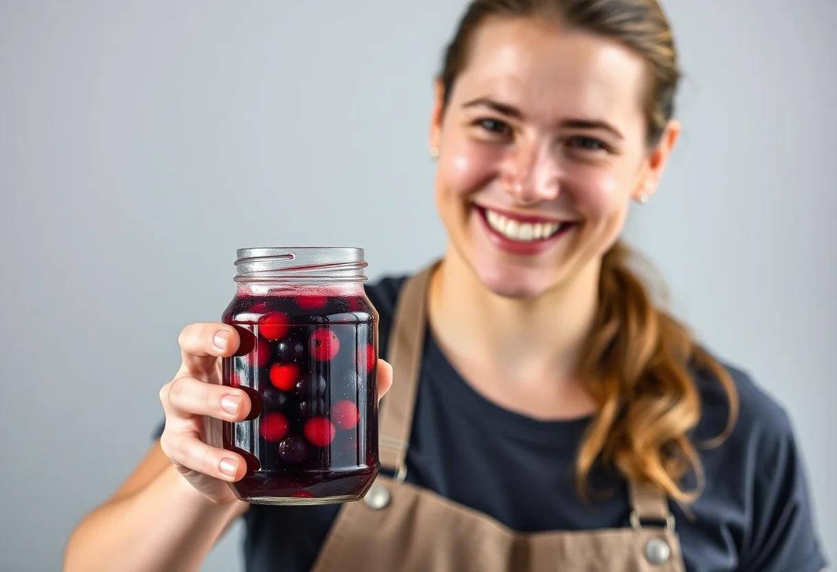 A smiling person holding a jar of homemade fermented berry juice.