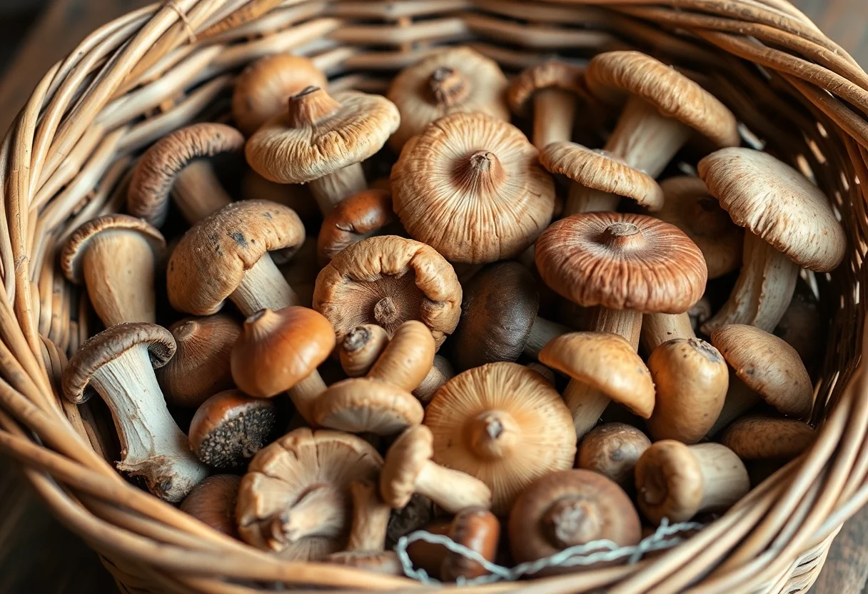 A variety of wild edible mushrooms arranged beautifully in a rustic basket.