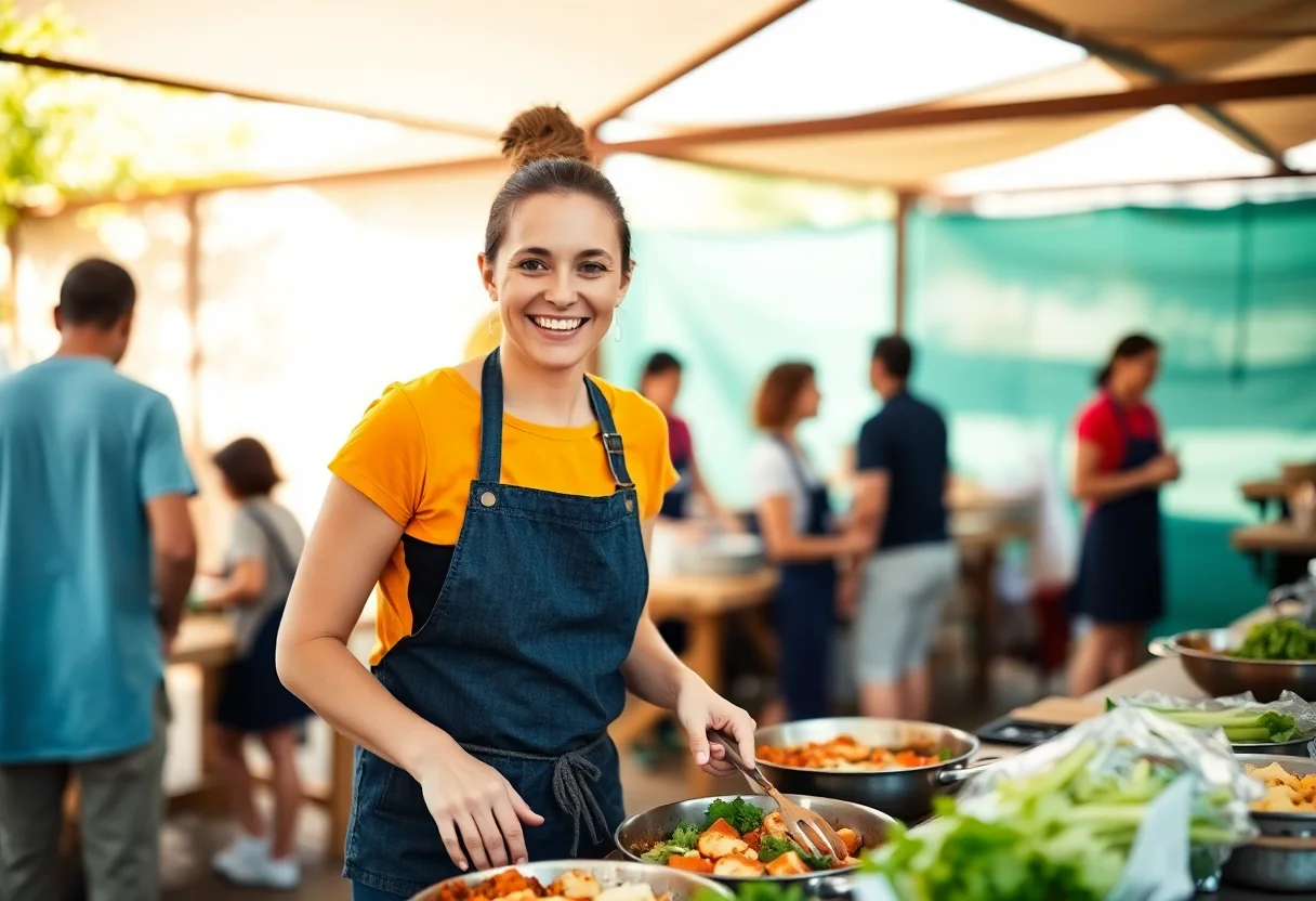 A woman smiling as she prepares food in an outdoor kitchen setting during a workshop.