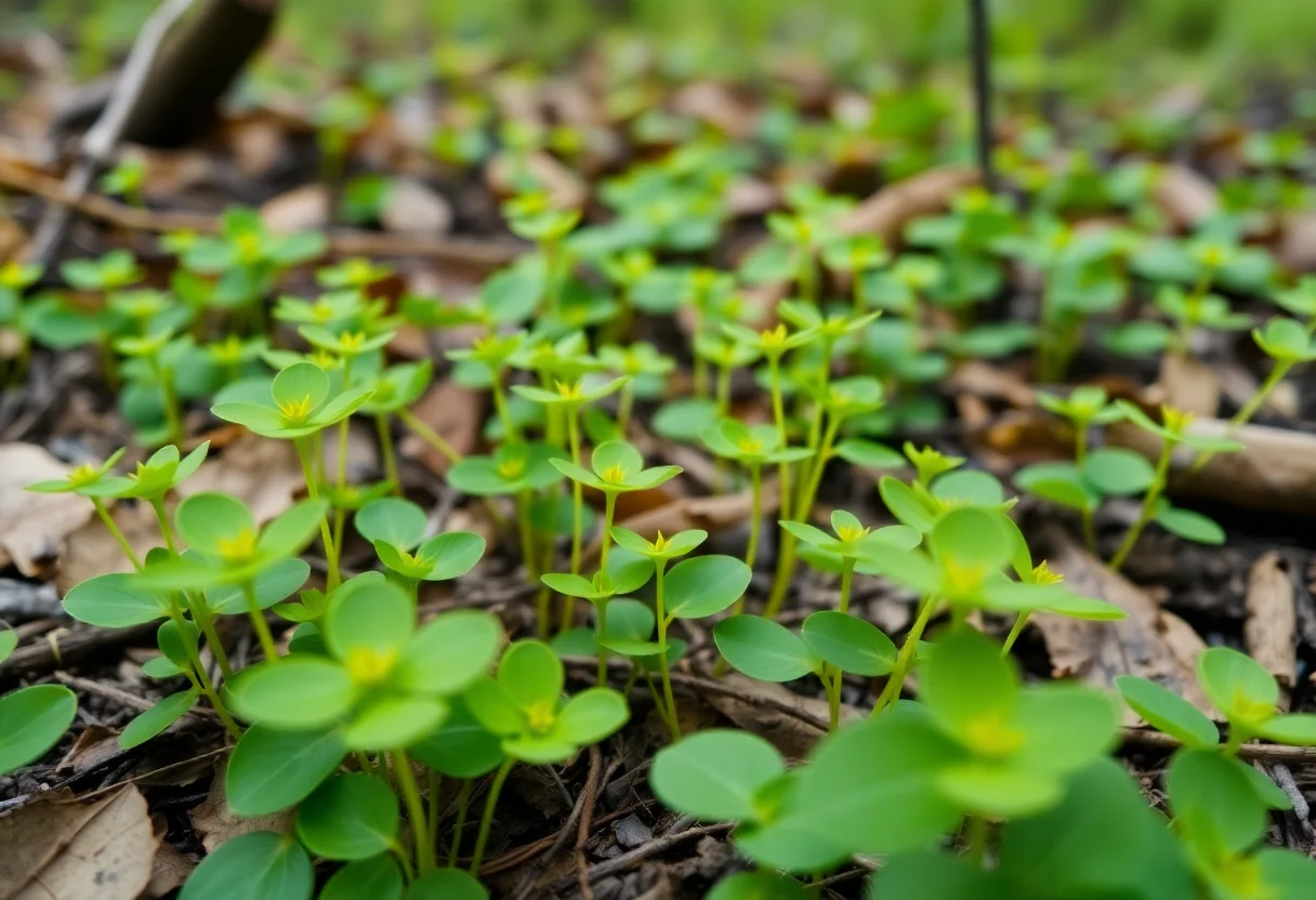 Bright green wood sorrel plants growing on the forest floor.