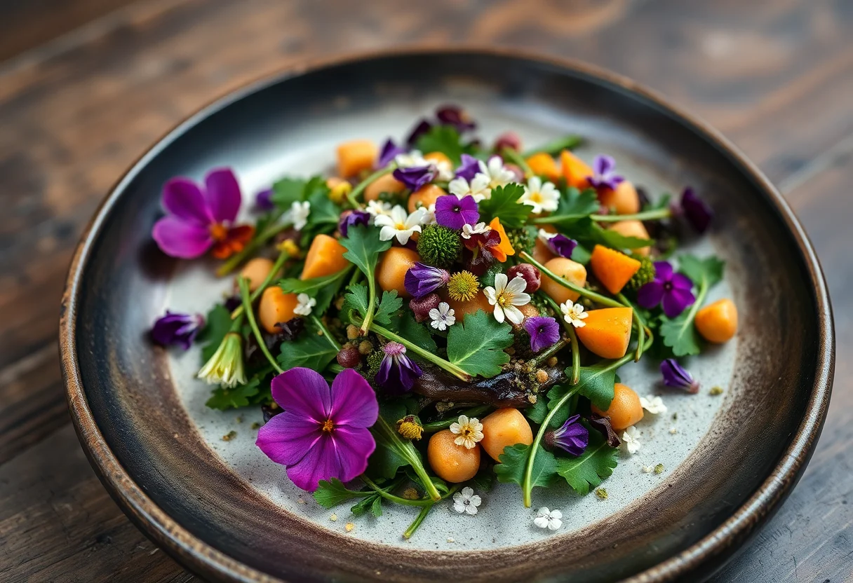 Close-up of a colorful vegan dish prepared with foraged greens and flowers on a rustic plate.