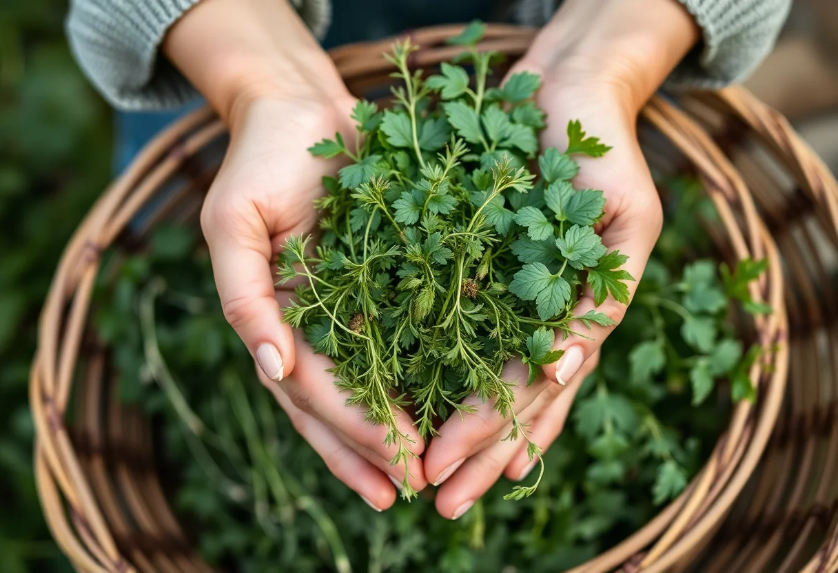 Close-up of hands holding freshly picked wild herbs in a basket.