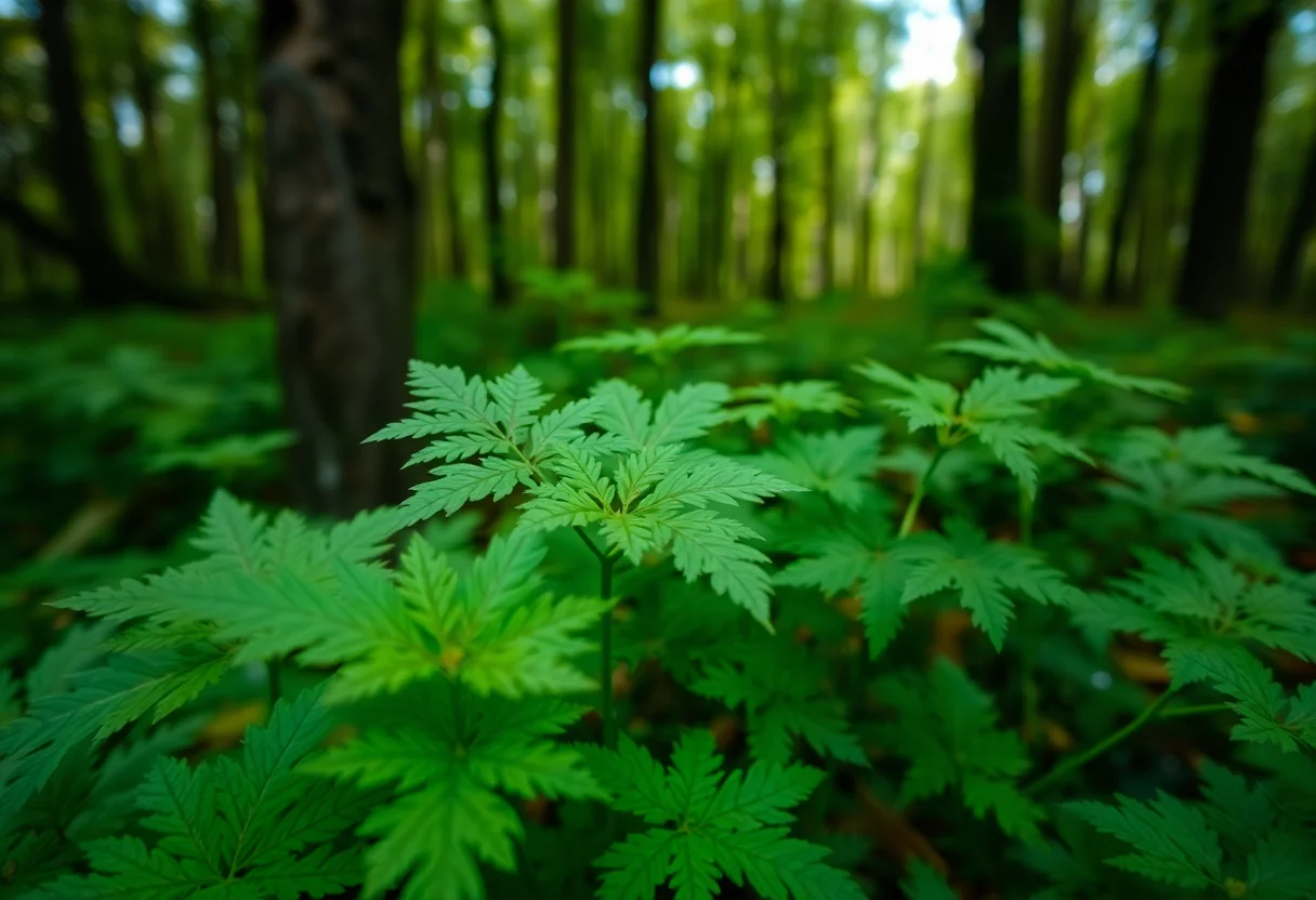 Close-up of wild stinging nettle leaves in a forest.