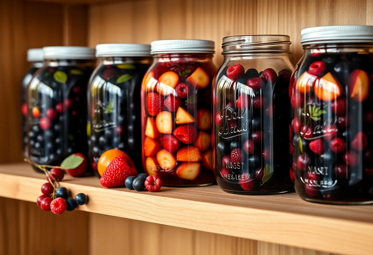 Glass jars filled with fermenting berries and fruits on a wooden shelf.