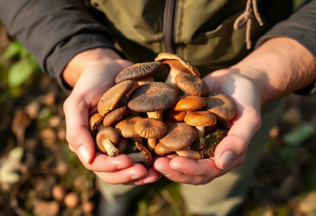 Hands carefully holding freshly picked wild mushrooms during a foraging workshop.