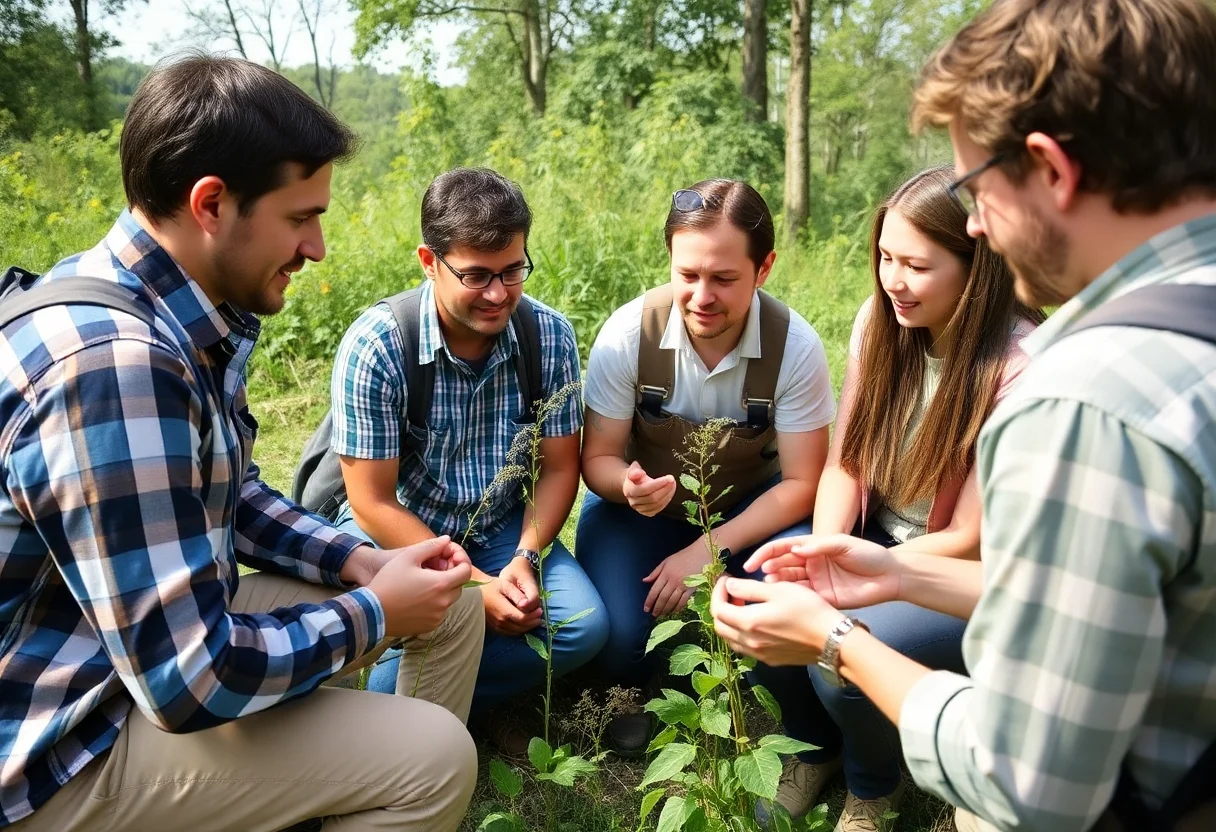 Participants sitting together and learning to identify edible plants from a guide.