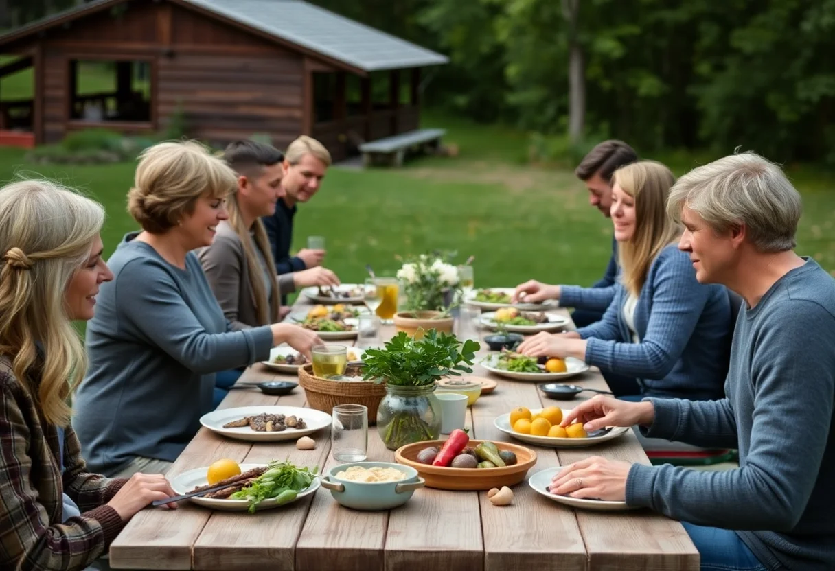 People gathered around an outdoor table, sharing a meal made from foraged ingredients.