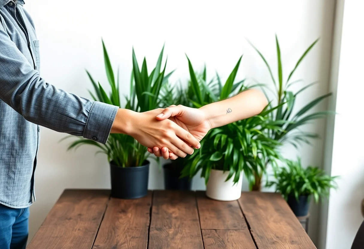 Two people shaking hands over a rustic wooden table with plants in the background.